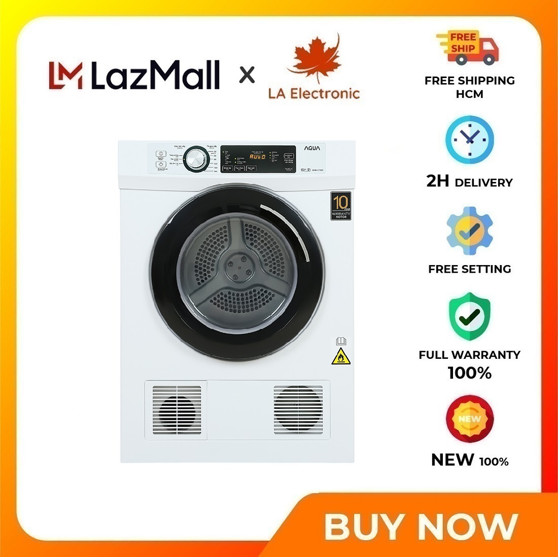 Máy sấy thông hơi Aqua 7 Kg AQH-V700FW - Miễn phí vận chuyển HCM - Úp ngược đặt trên máy giặt tiết kiệm diện tích Chống nhăn Hẹn giờ sấy Khóa trẻ em