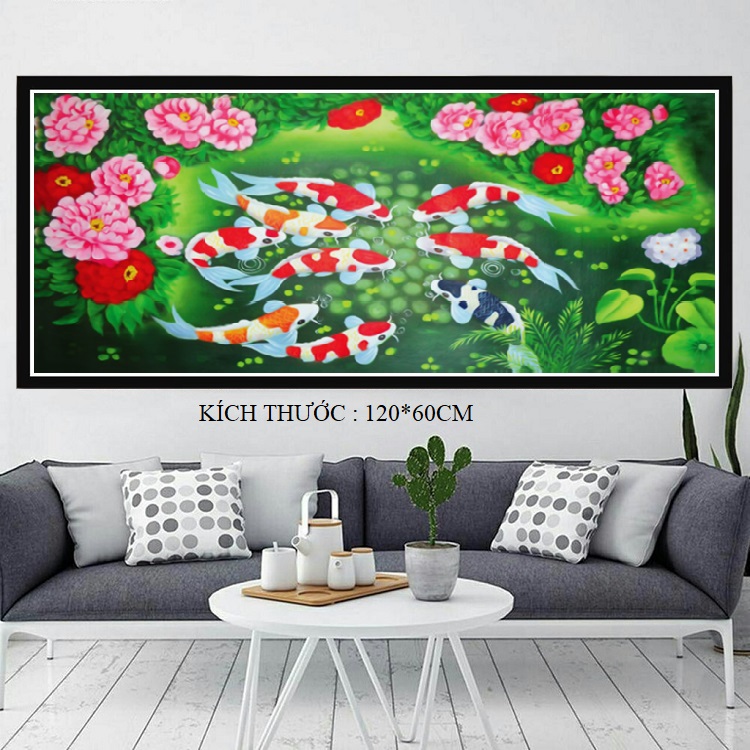 Tranh Thêu Chữ Thập Cửu Ngư Quần Hội LV3402 - Kích Thước 120x60cm(TỰ THÊU)