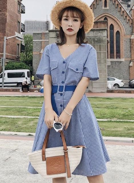 [HCM]Đầm caro xanh nút xanh kèm belt