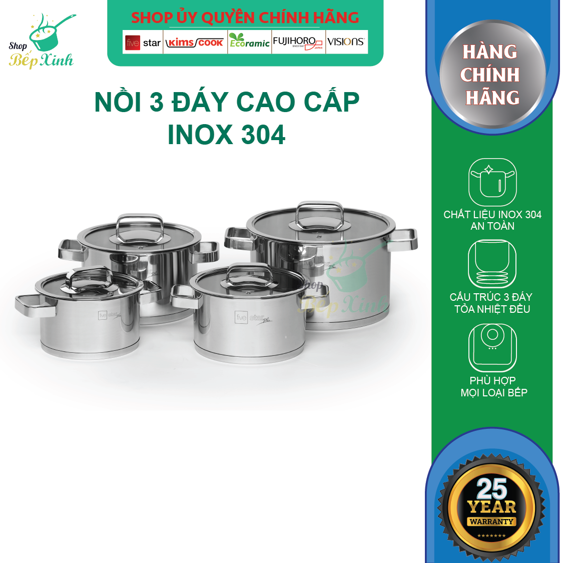 Bộ nồi inox 304 bếp từ cao cấp FIVESTAR Plus 4 chiếc nắp kính , bảo hành 25 năm- Shop Bếp Xinh