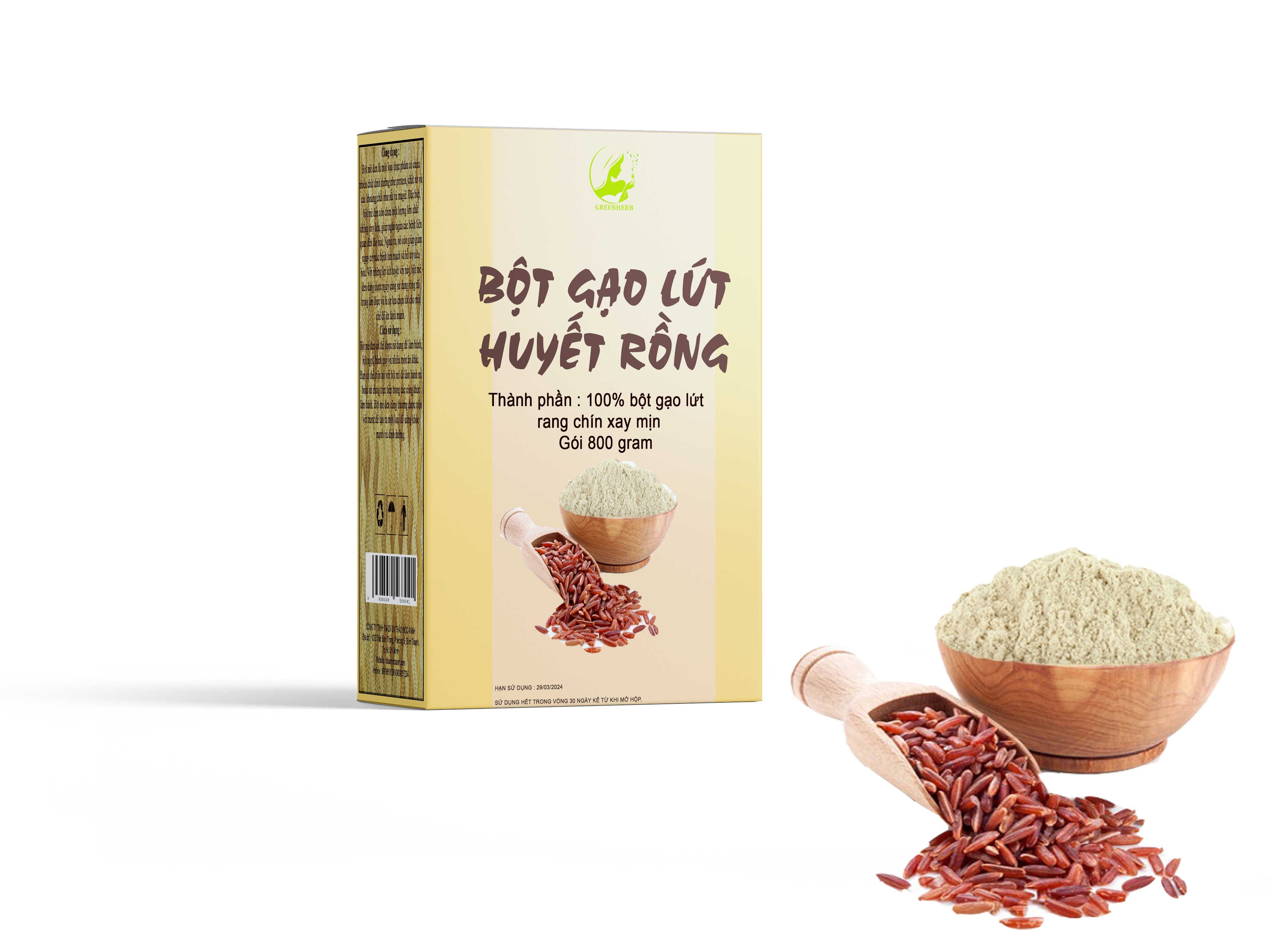 Bột gạo lứt huyết rồng hữu cơ hộp 800gram eat clean- greenherb food