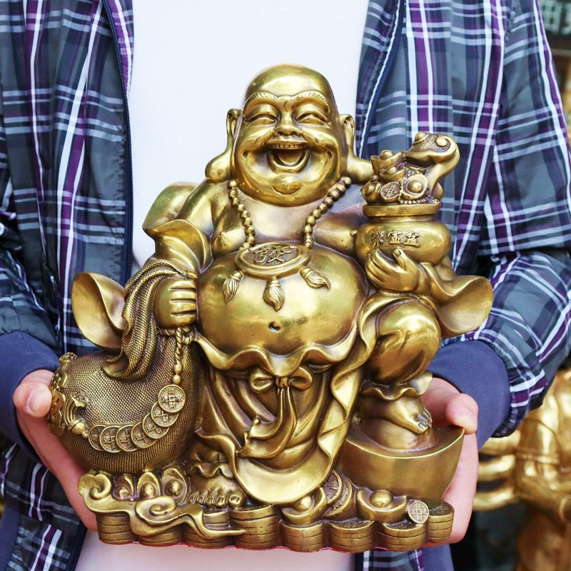 Tượng Phật Di Lặc kéo bao tiền bằng đồng thau phong thủy Hồng Thắng