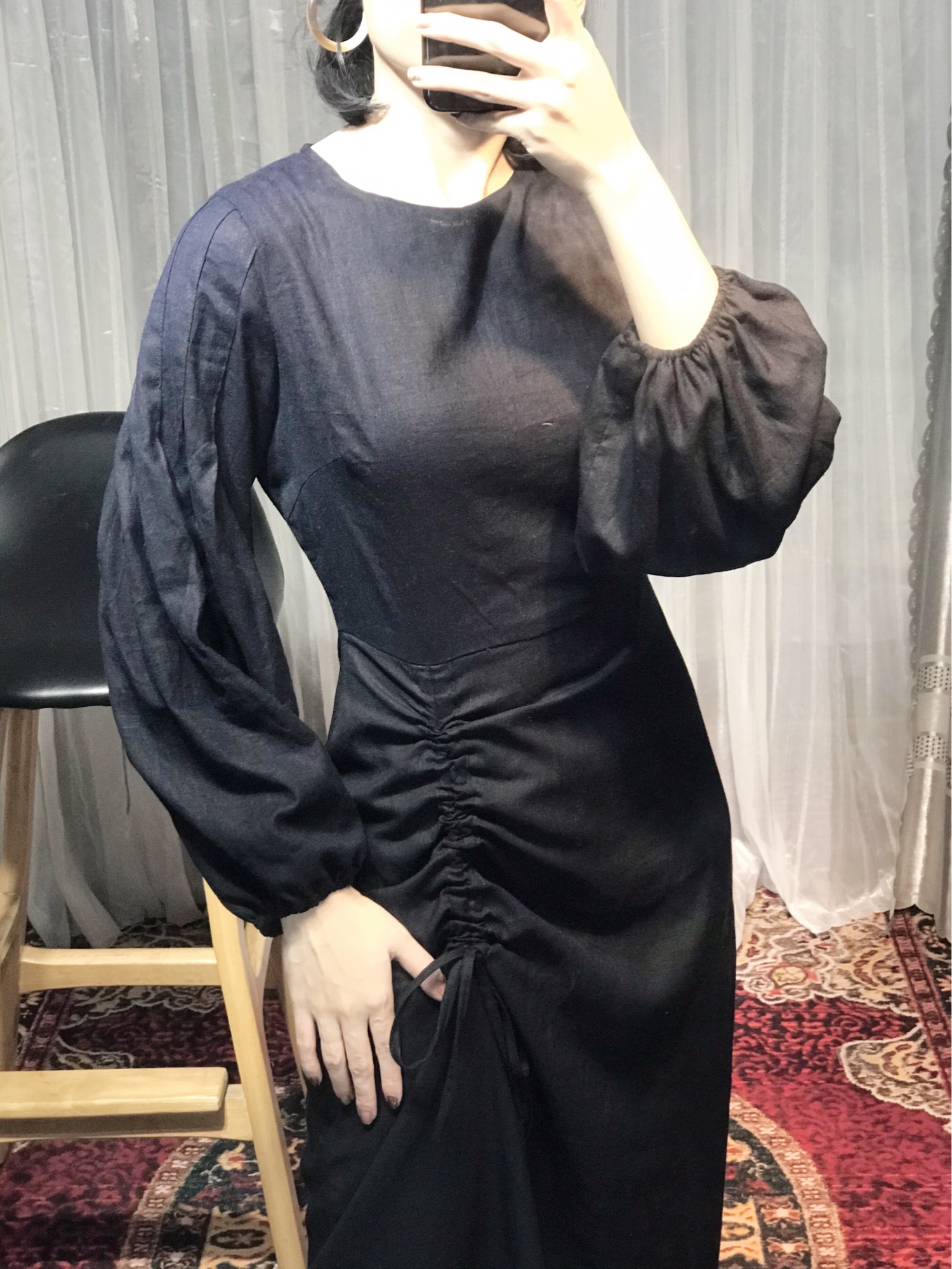 Đầm tay dài rút nhún vải Linen