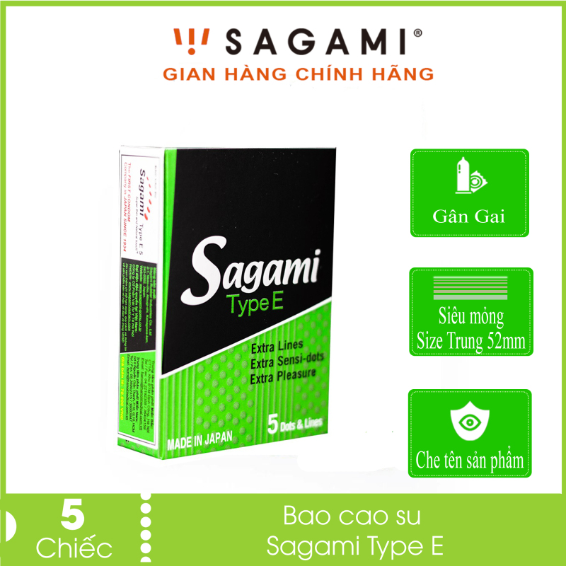 Bao cao su gân gai Sagami Type E (hộp 5 chiếc) - gân chạy dọc, có nhiều gai chấm nổi, cao su cao cấp