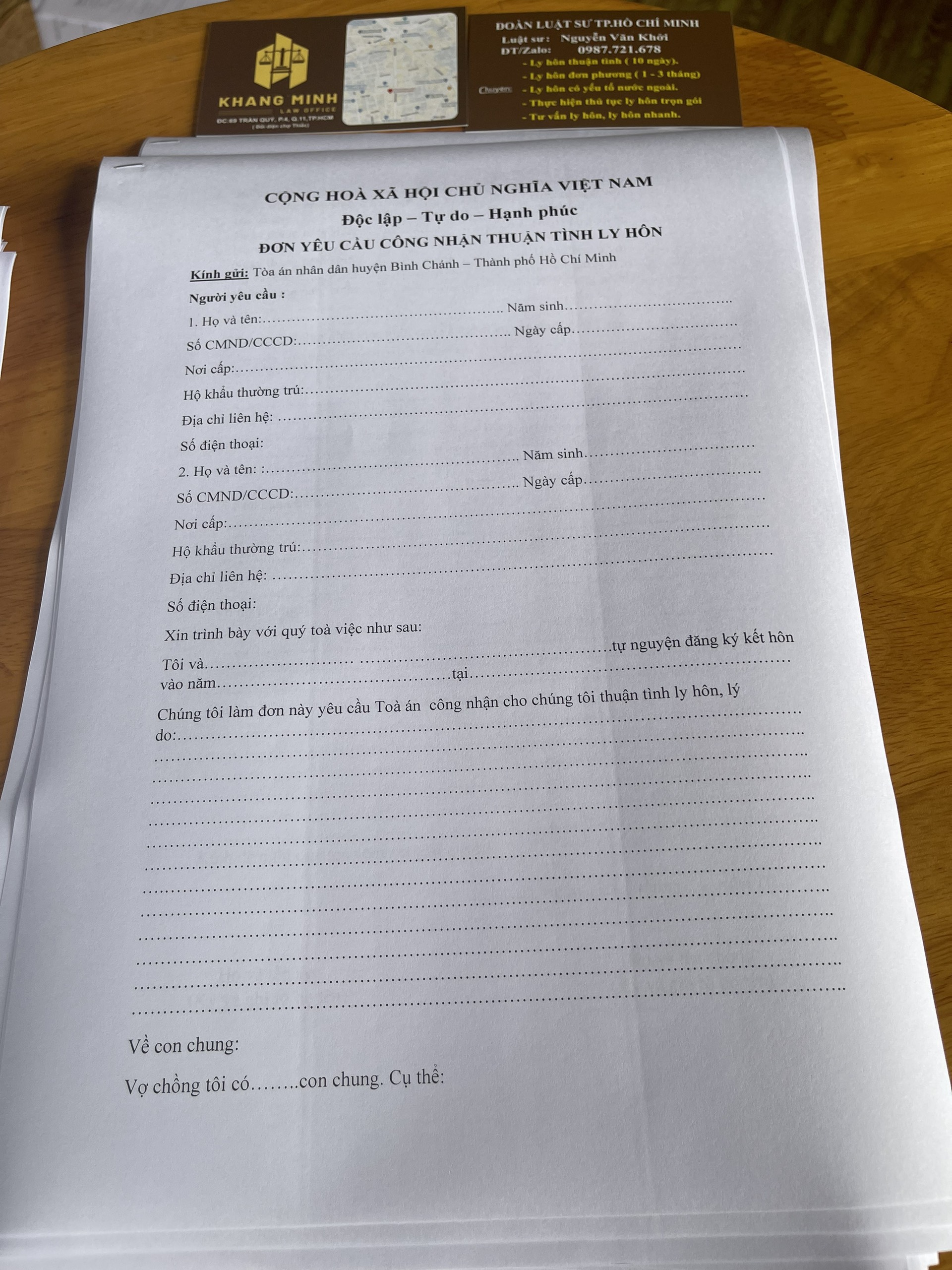 Đơn ly hôn thuận tình huyện Bình Chánh