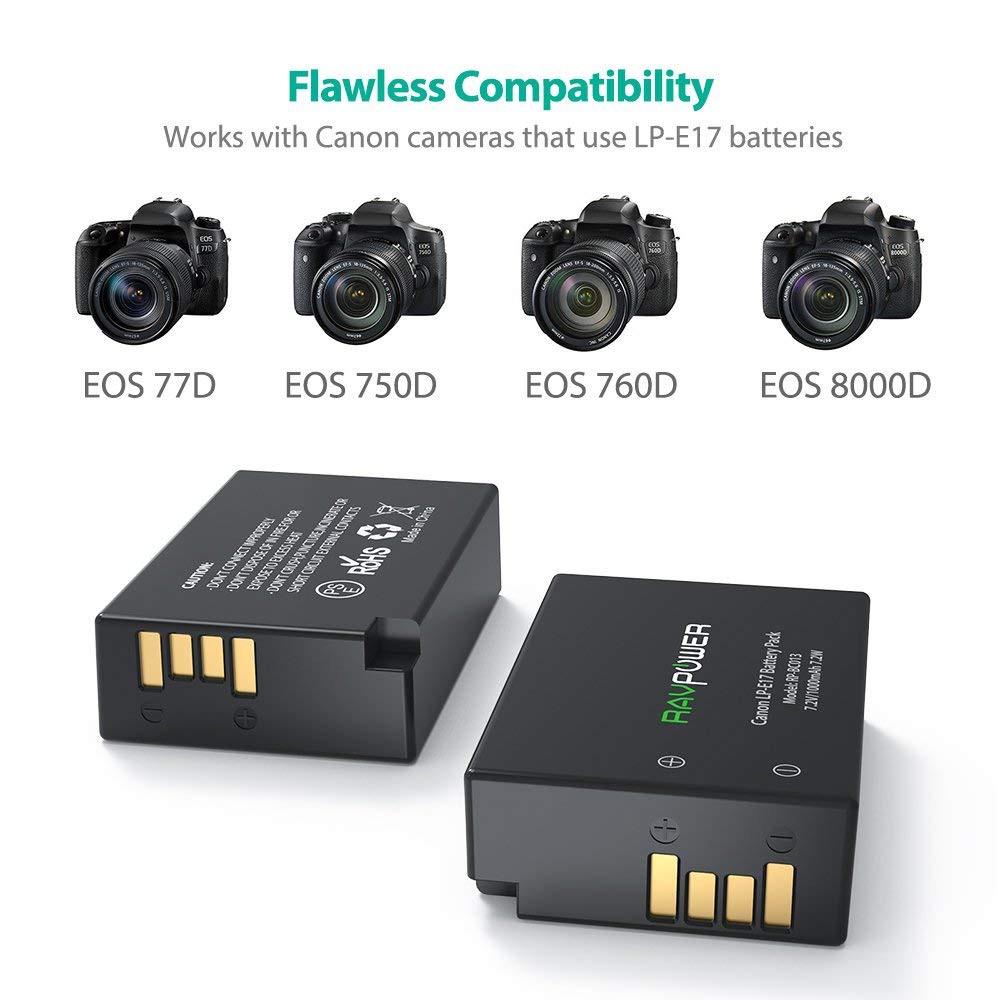 Bộ 2 pin và sạc kép RAVPower LP-E17 RP-BC013 cho Canon EOS 77D, EOS 750D, EOS 760D, EOS 8000D, EOS M3, EOS M5, EOS M6 EOS RP