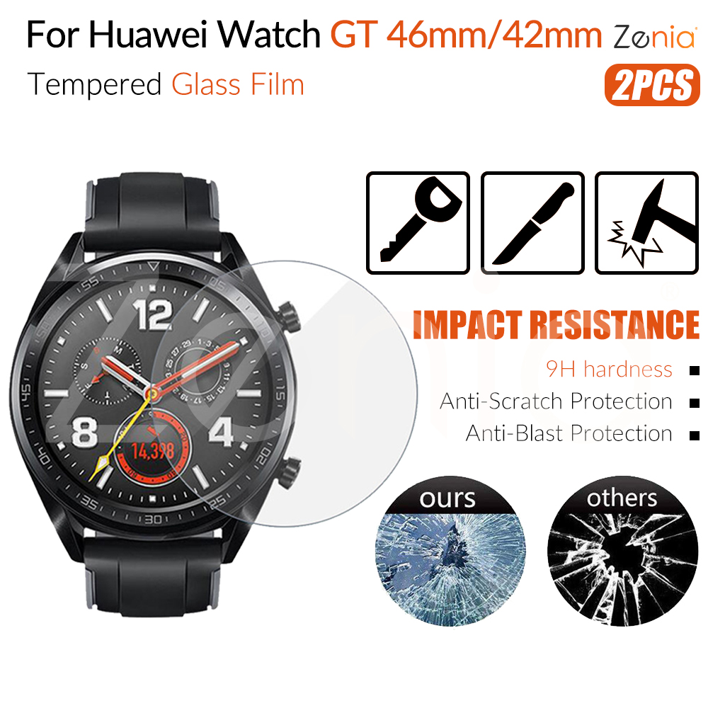 Zenia 2pcs Full Screen Protector Film For Huawei Watch GT/GT2 Sport/Classic/Active/Elite/46mm, Elegant/42mm HD 9H 2.5D Tempered Protective Glass Explosion-proof Anti Scratch Film(Not fit GT2 42)