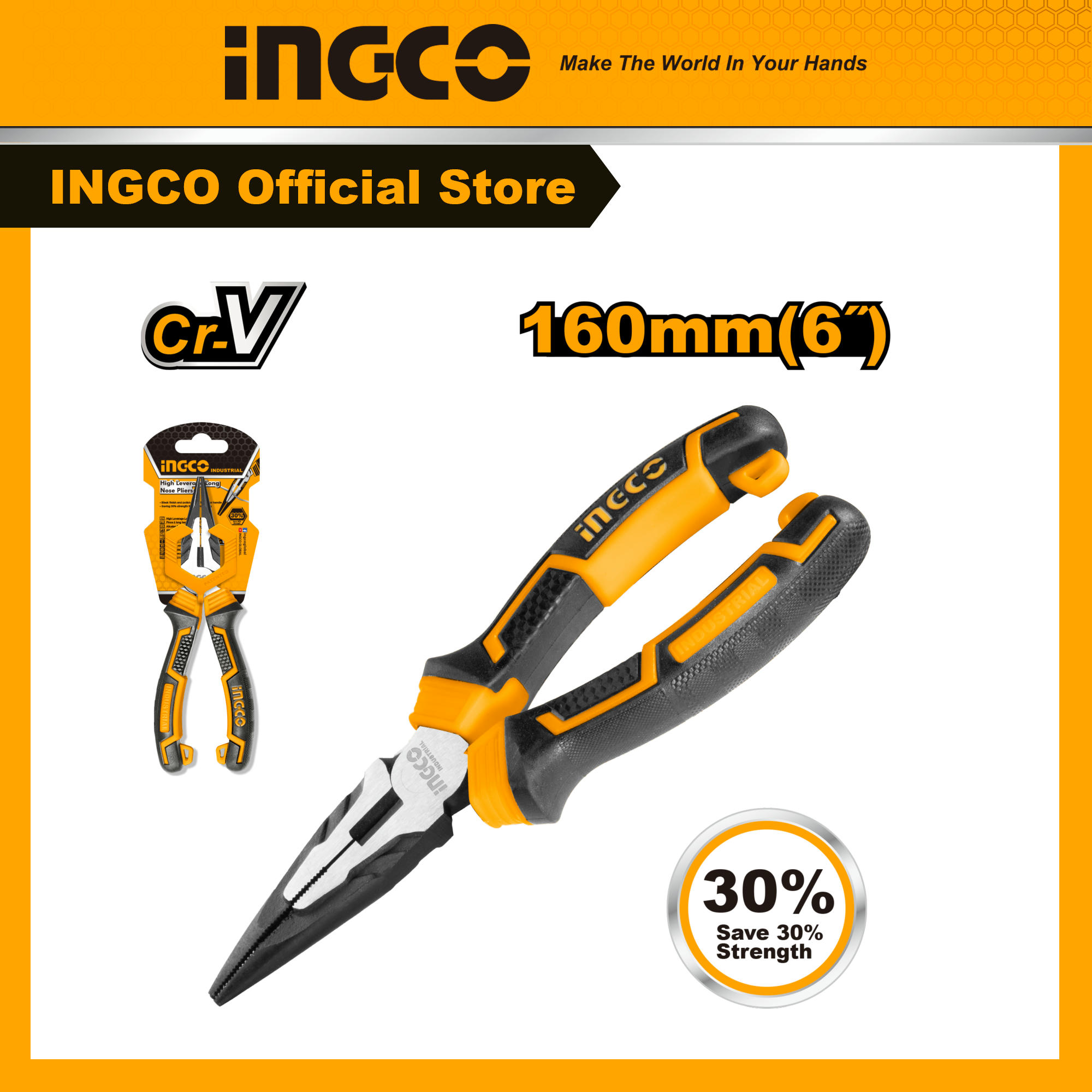 Kìm mũi nhọn mỏ dài cao cấp 6 inch 160mm chất liệu thép crv ingco hhlnp28160 tay cầm 2 màu