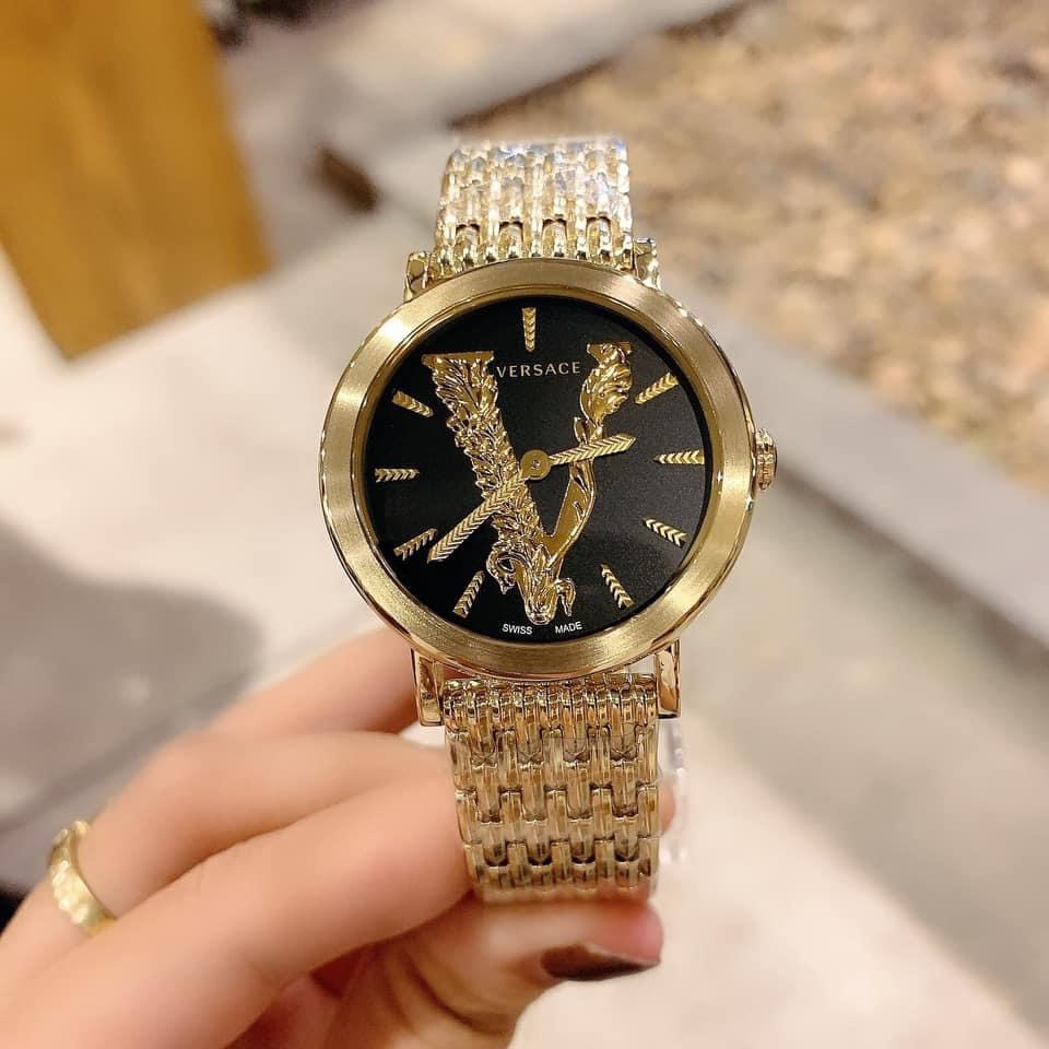 [HCM]Đồng Hồ Versace Virtus Gold Nữ Dây Vàng Mặt Đen 36mm