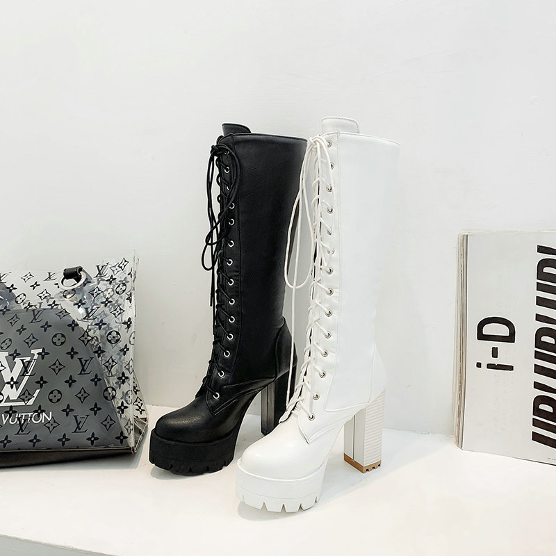 [ 2 màu ĐEN/ TRẮNG] Giày COMBAT boot CỘT DÂY dưới gối gót vuông 12cm GCC127