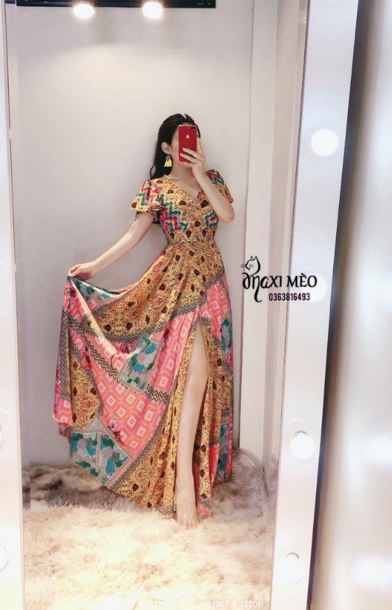Maxi tay con cổ v  xẻ đùi cao cấp-QH