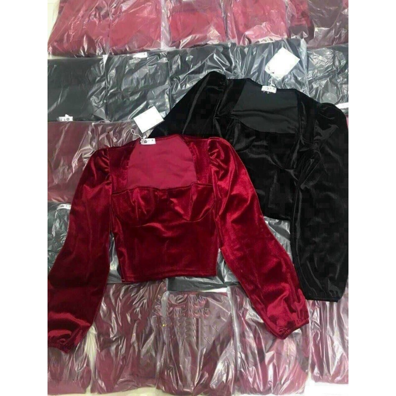 Áo nhung cổ U tay bồng MIDI