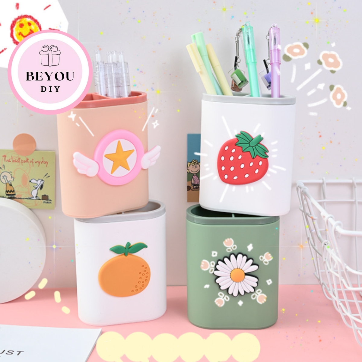 Lọ Đựng Bút Hoạt Hình Để Bàn Làm Việc, Văn Phòng Kiểu Dáng Hàn Quốc Cute