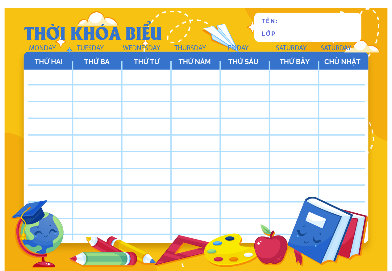 Thời khóa biểu khổ A5 - A4 Decal tự dính (Bóc ra dán dễ dàng)