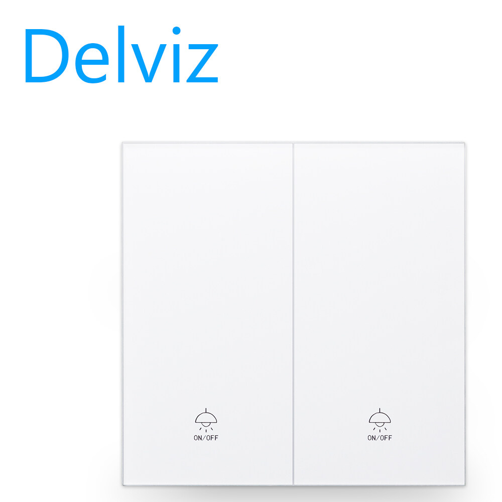 Delviz tempered glass switch, white full screen panel 10A wall embedded socket power switch, AC 110V-250V 86mm*86mm, 2 Gang 2 Way pushbutton switch, light switch.