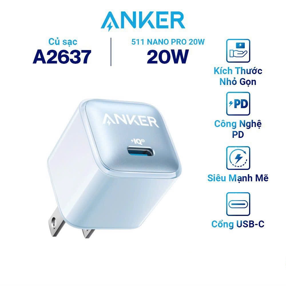 Cốc - củ sạc anker 511 nano pro piq 3.0 20w - a2637 cổng usb c poweriq 3.0 sạc pd