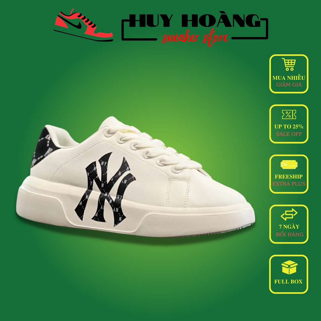 Giày thể thao nam nữ MLB NY màu trắng chữ đen Full Box - Giày NY độn đế tăng chiều cao nam nữ cao cấp hot trend 2022