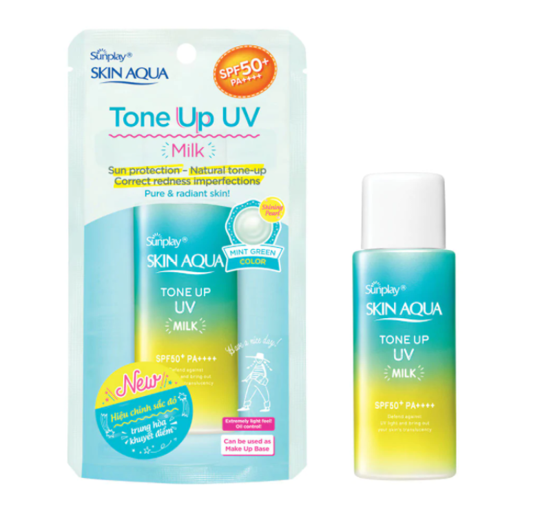MUA 2 TẶNG 1 MASK Tinh chất chống nắng Skin Aqua Sunplay Tone Up dưỡng ẩm nâng tông che khuyết điểm  UV Essence (Mint Green) 50g
