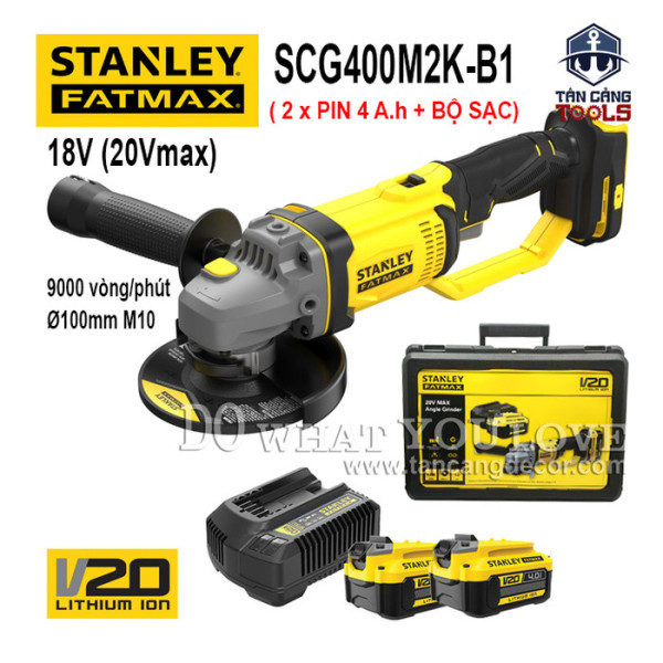 Combo Máy Mài Góc 100 mm Dùng Pin 20V Stanley FatMax SCG400M2K ( Thân Máy, 2 Pin 4.0Ah, 1 Sạc )