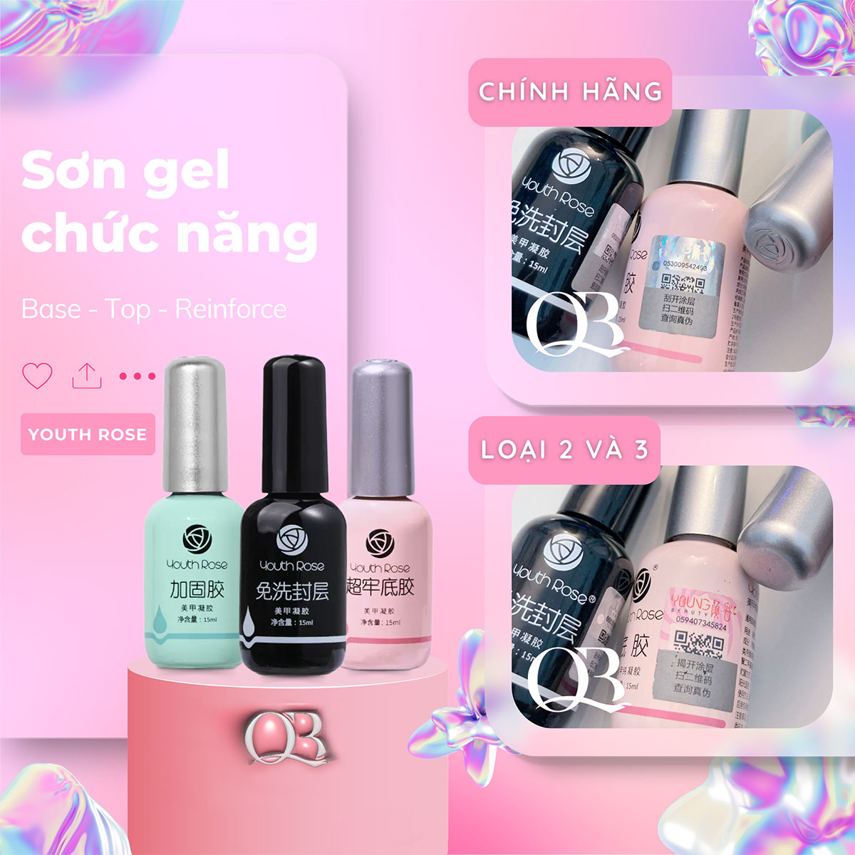Base gel top gel cứng móng hoa hồng (Youth Rose)