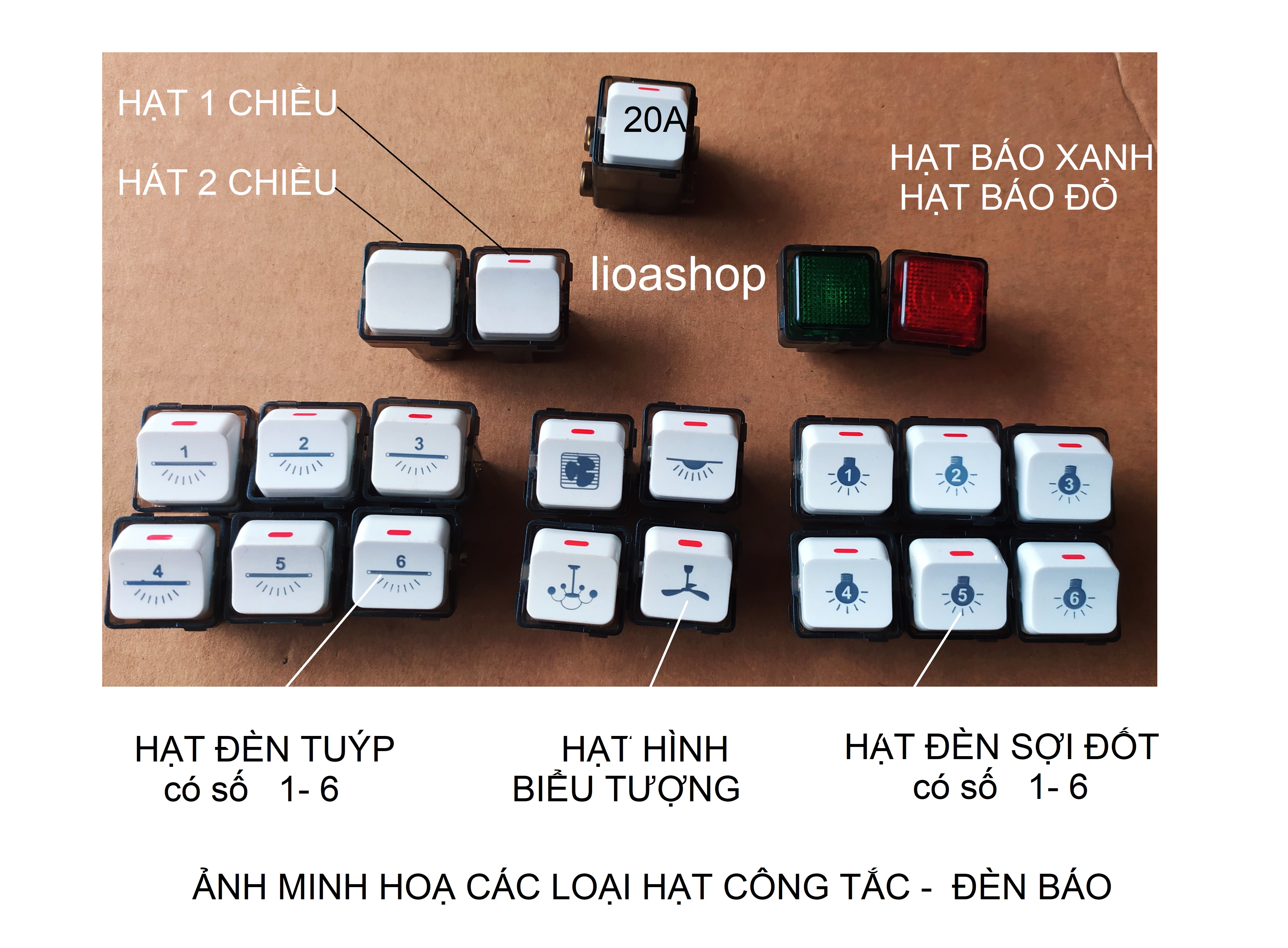 BỘ 2 HẠT CÔNG TẮC VUÔNG 1 CHIỀU VÀ 2 CHIỀU - 10A LiOA.
