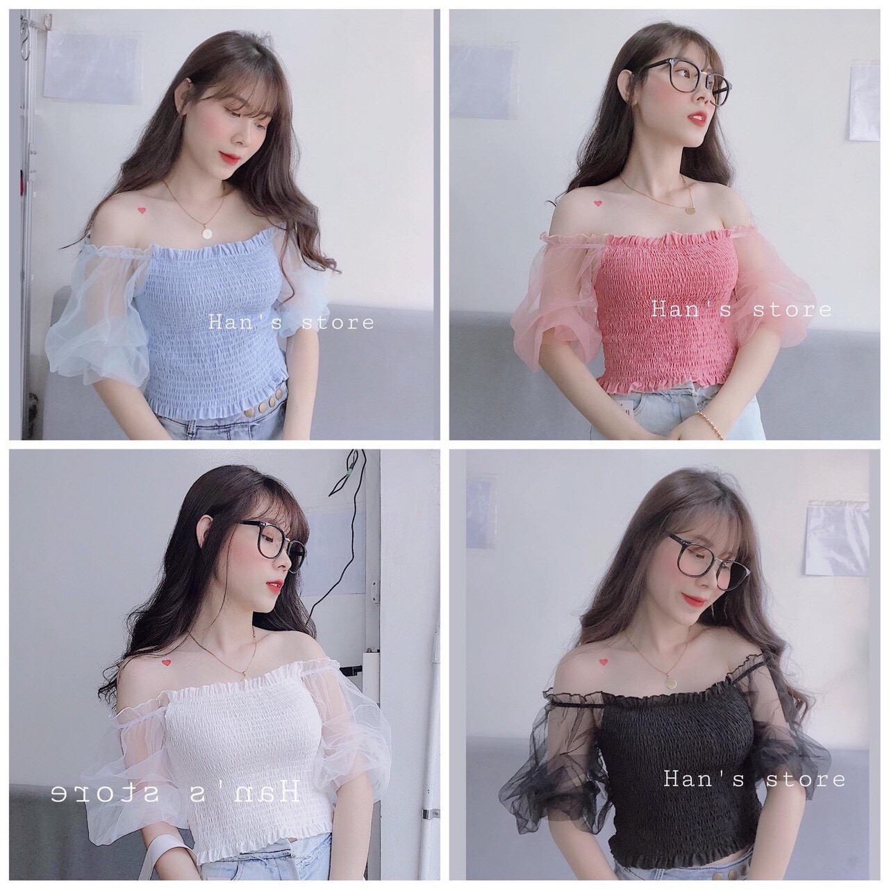 Áo Von Kiểu Trễ Vai Tay Phồng Phối Lưới Tiểu Thư TTS0388