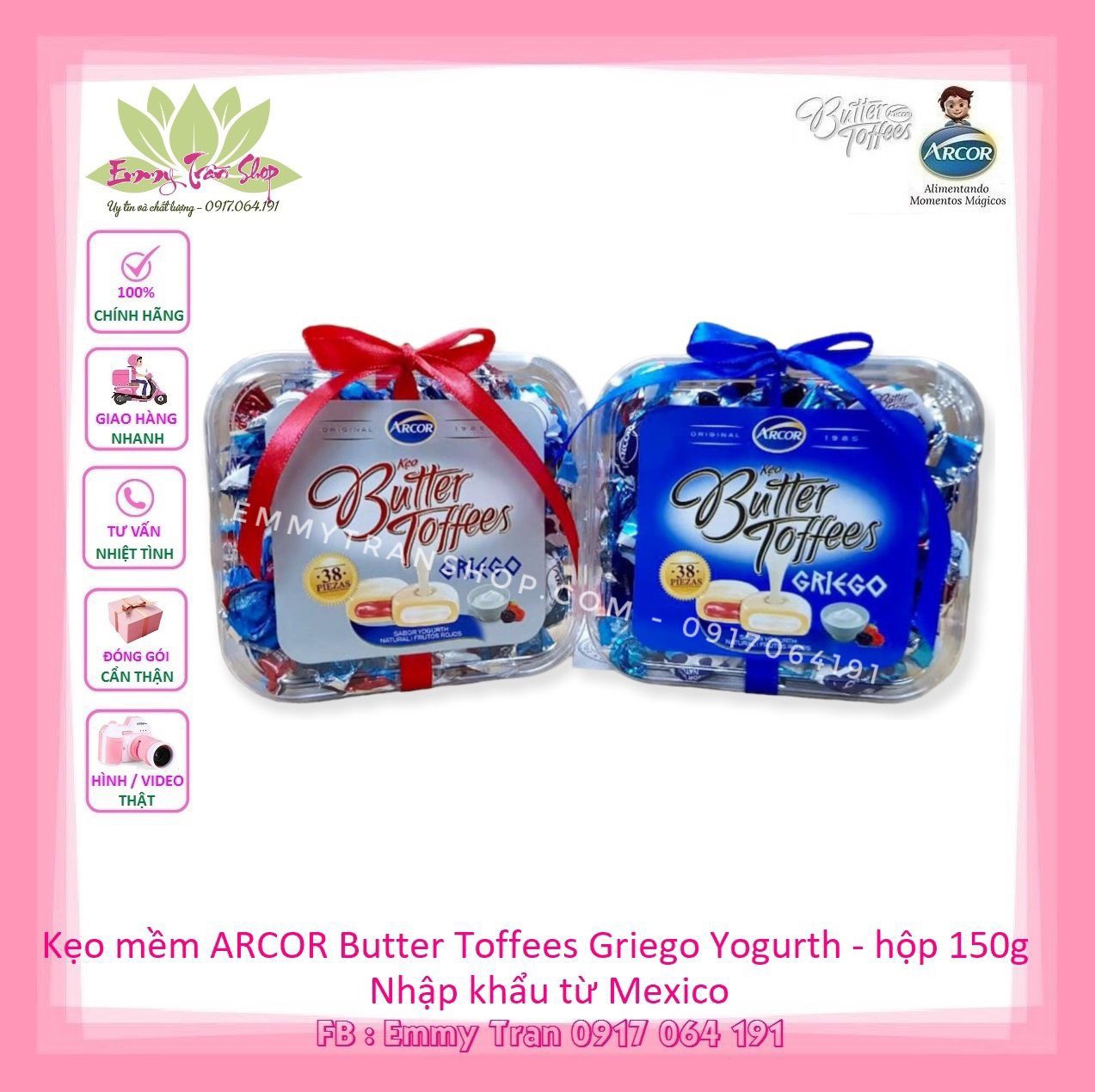 Kẹo mềm ARCOR Butter Toffees Griego Yogurth hộp nhựa 150gr , vị Sữa Chua
