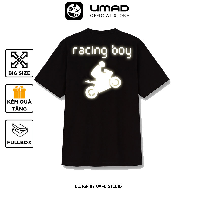 Áo thun nam UMAD Racing boy phản quang cổ tròn tay ngắn màu đen có big size 4XL 100kg mẫu Biker xe độ, xe đua rcb đi phượt chất vải thể thao thoáng mát
