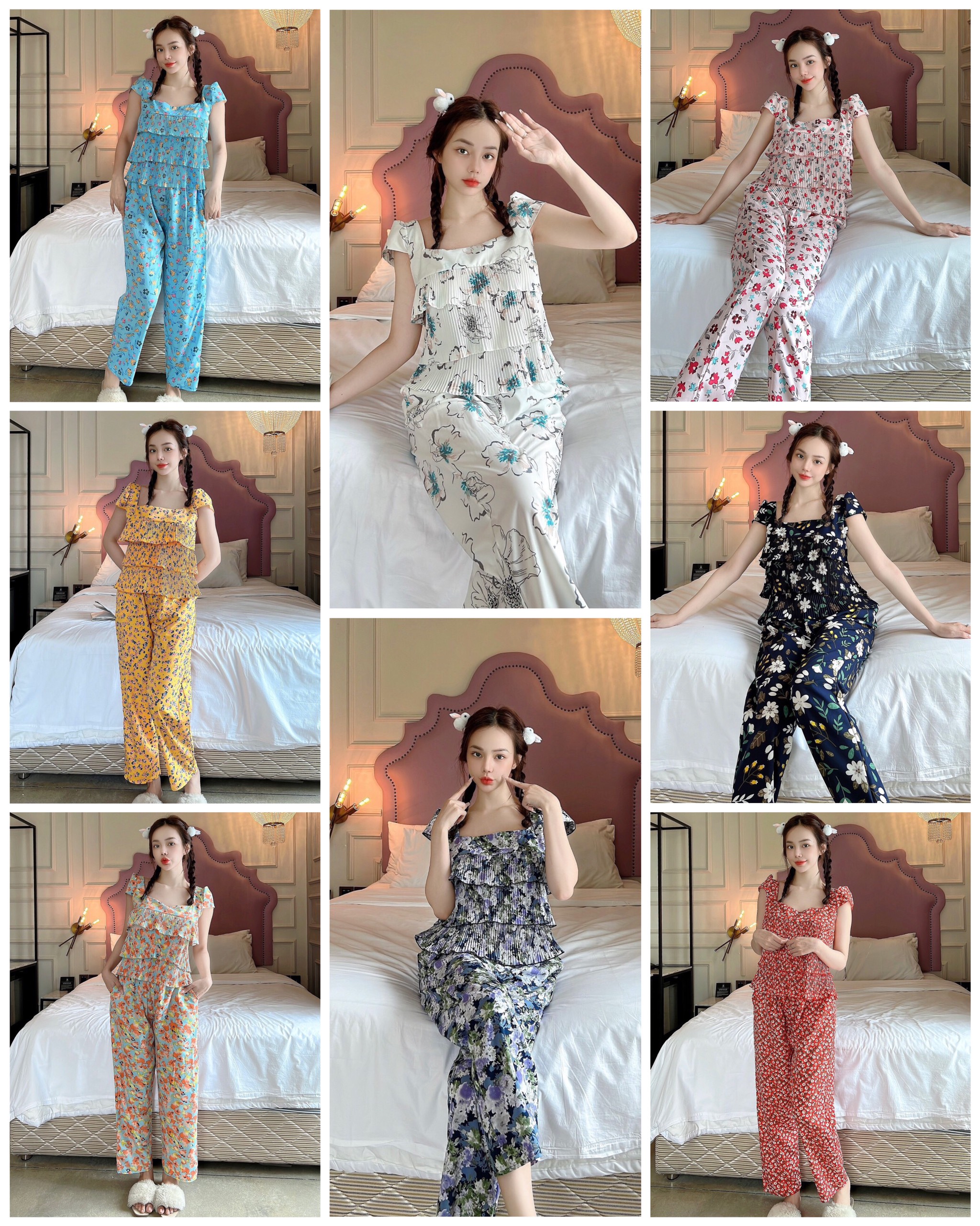 Set lụa hàn ngủ dập ly 3 tầng họa tiết hoa nhí