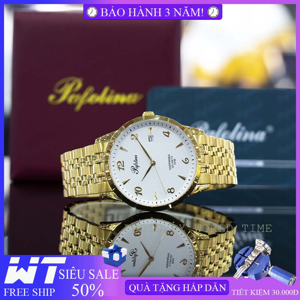 Đồng hồ pin, đồng hồ nam dây thép Pafolina 5021M full box, kính sapphire chống nước chống xước, bảo hành 3 năm