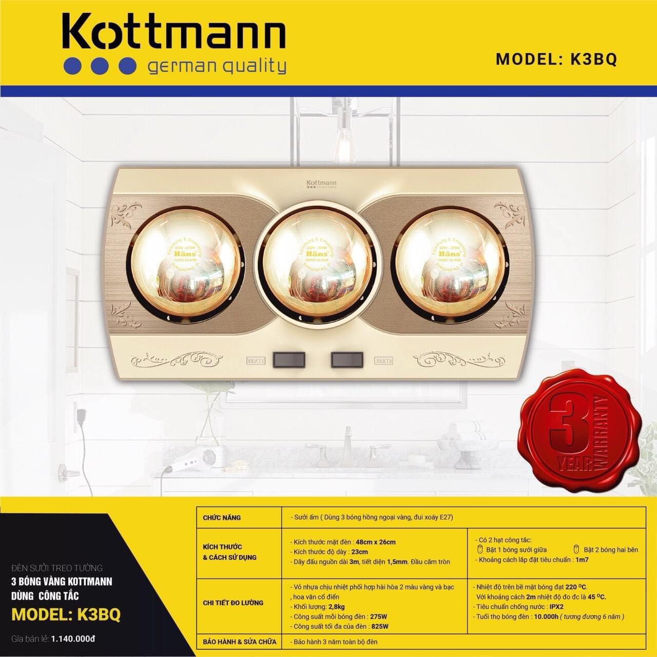 Đèn sưởi nhà tắm Kottmannn 2 bóng 3 bóng