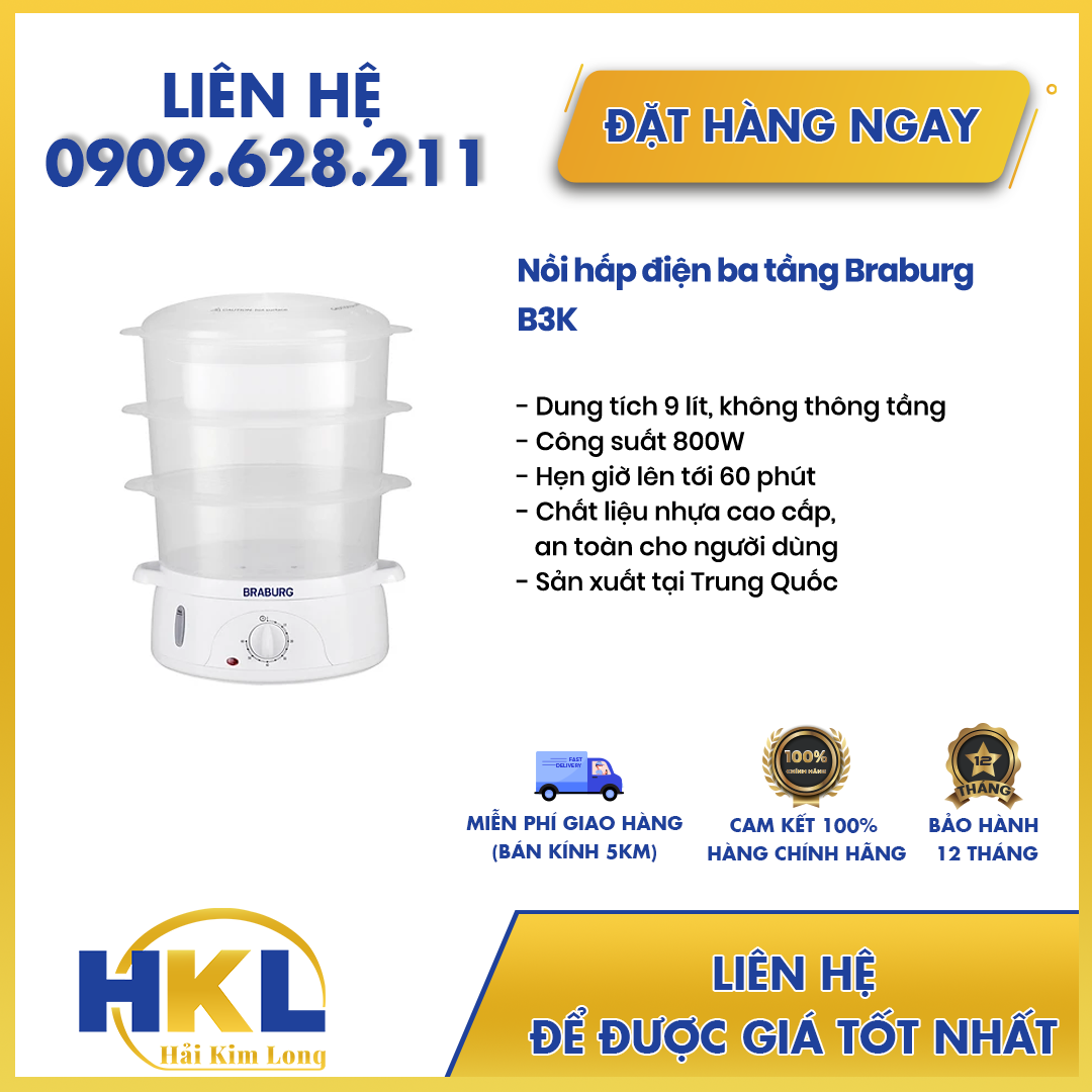 Nồi hấp điện 3 tầng Braburg 9L B3K - PP Điện Gia Dụng Hải Kim Long
