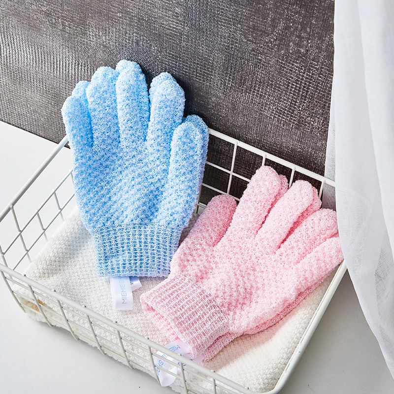Multicolored exfoliating shower gloves