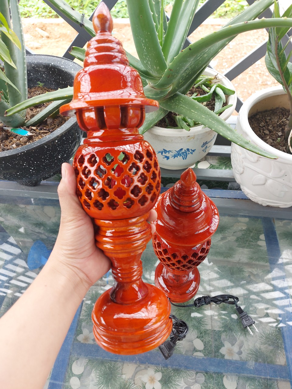 Cặp đèn thờ gỗ xà cừ-Đèn cúng bàn thờ cao 23cm