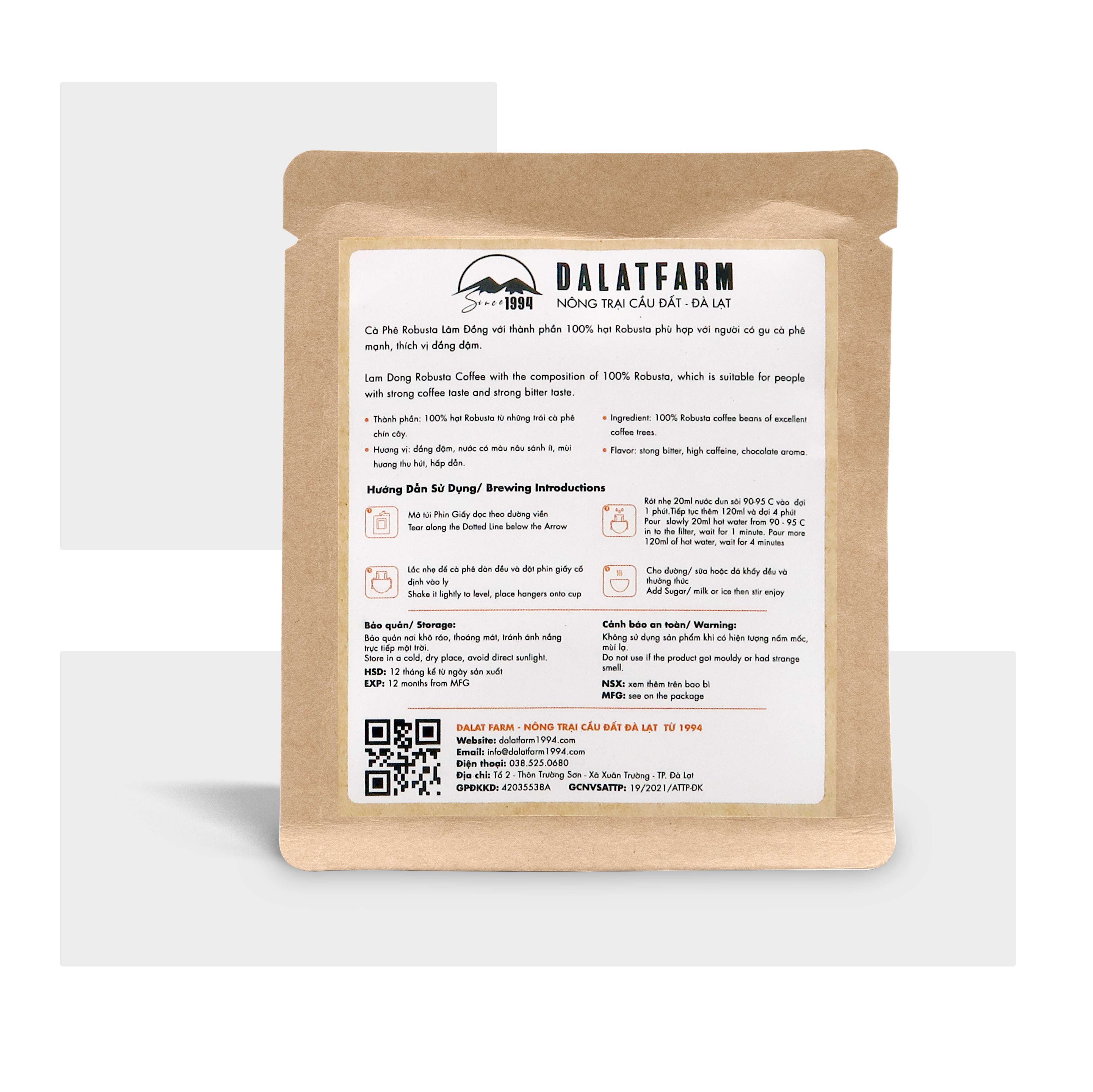 Cà phê phin giấy Robusta Lâm Đồng DalatFarm - Túi 10 g