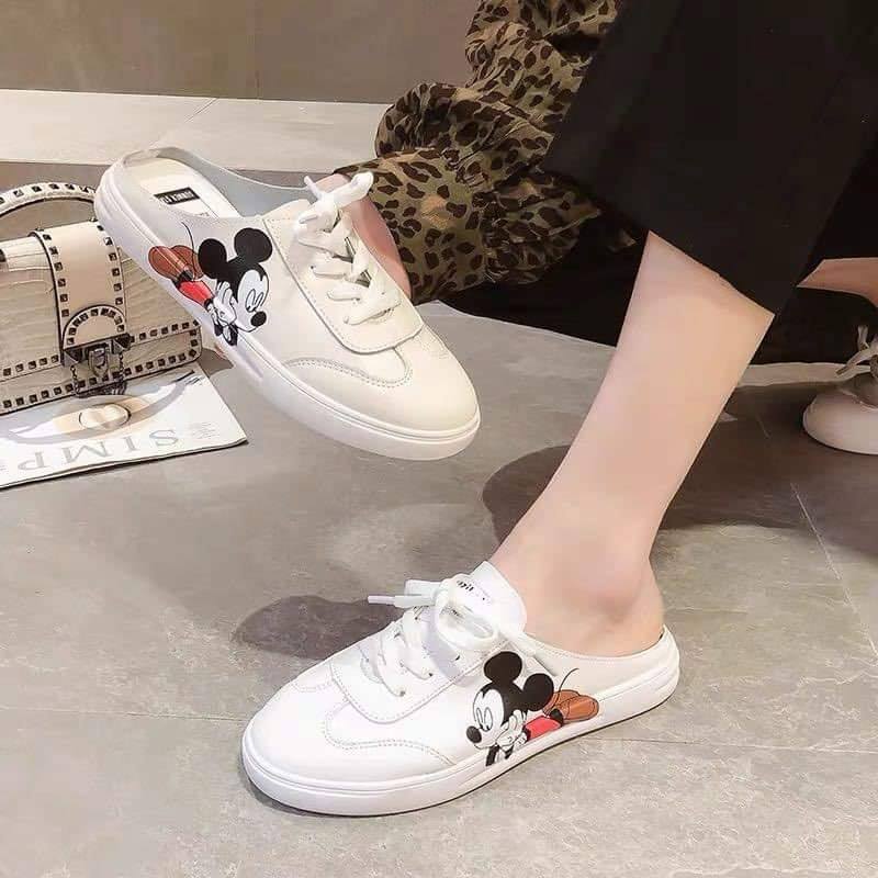 [Xả lẻ size] Giày sục nữ chuột Mickey da mềm siêu êm chân, Giày thể thao nữ đạp gót basic fullbox
