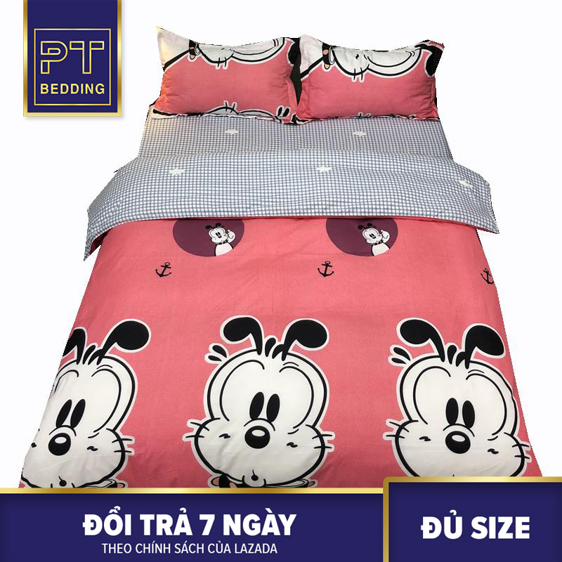 Bộ Chăn Ga Gối ( 01 Drap + 1 vỏ mền + 2 áo gối ) Chó Hồng PLN