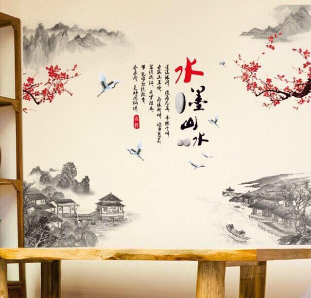 decal dán tường phong thủy núi non mẫu càn đào đỏ