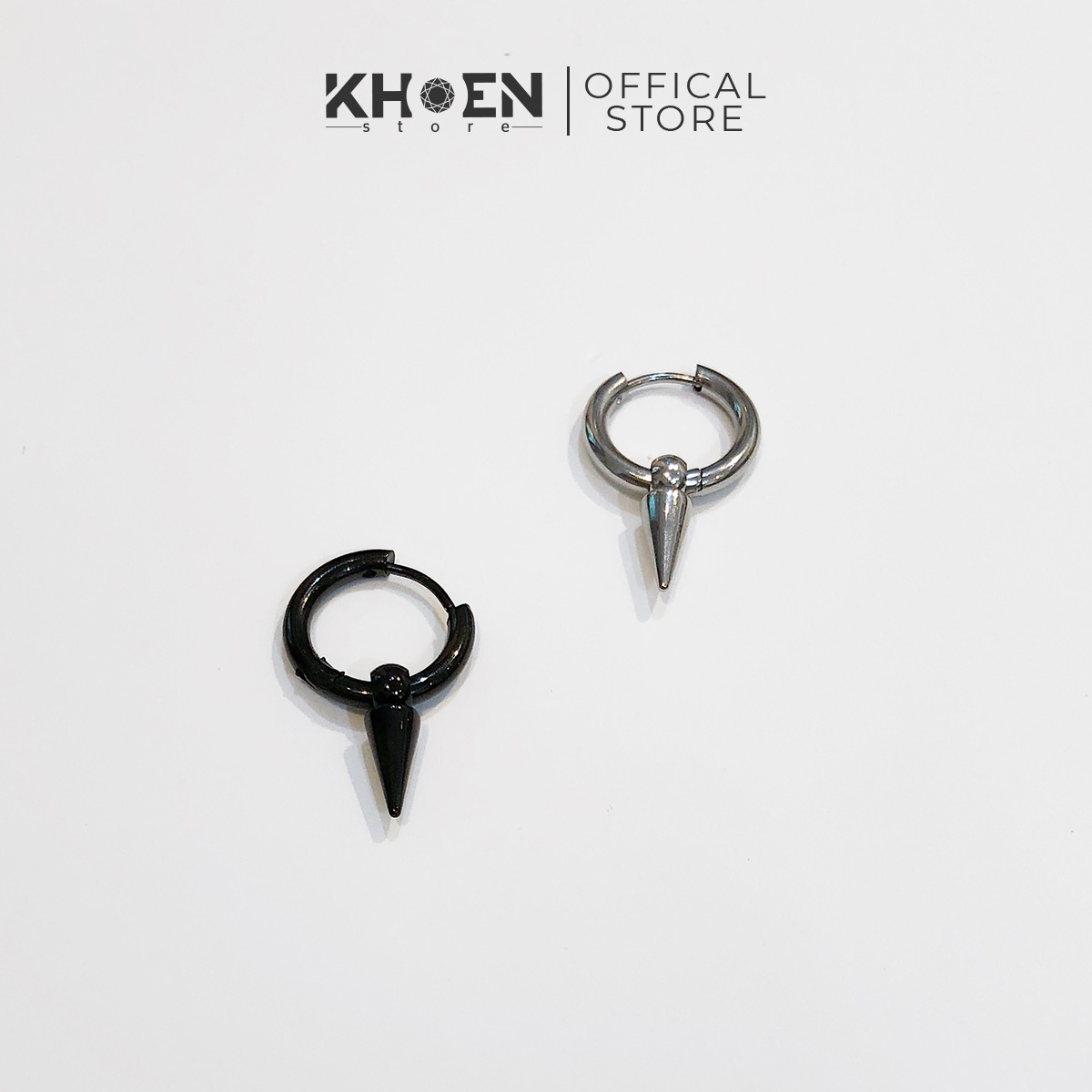 Khuyên tai tròn nhọn màu bạc và đen - Khoen Store