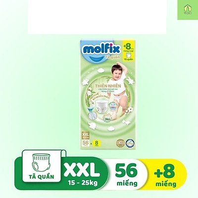 Tã/bỉm quần Molfix Thiên nhiên size XXL Gói 56+8 miếng