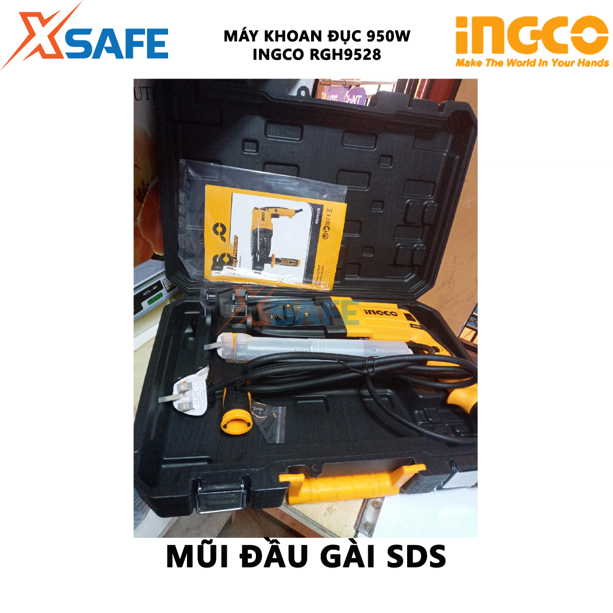 Máy khoan cầm tay 3 chức năng 950w Ingco RGH9528 đầu gài sds plus, tốc độ 1050rpm, tốc độ búa 4670bpm, lực búa 2,5j, khoan bê tông 28mm, thép 13mm, gỗ 30mm, kèm 3 mũi khoan và 2 mũi đục Máy khoan đục bê tông