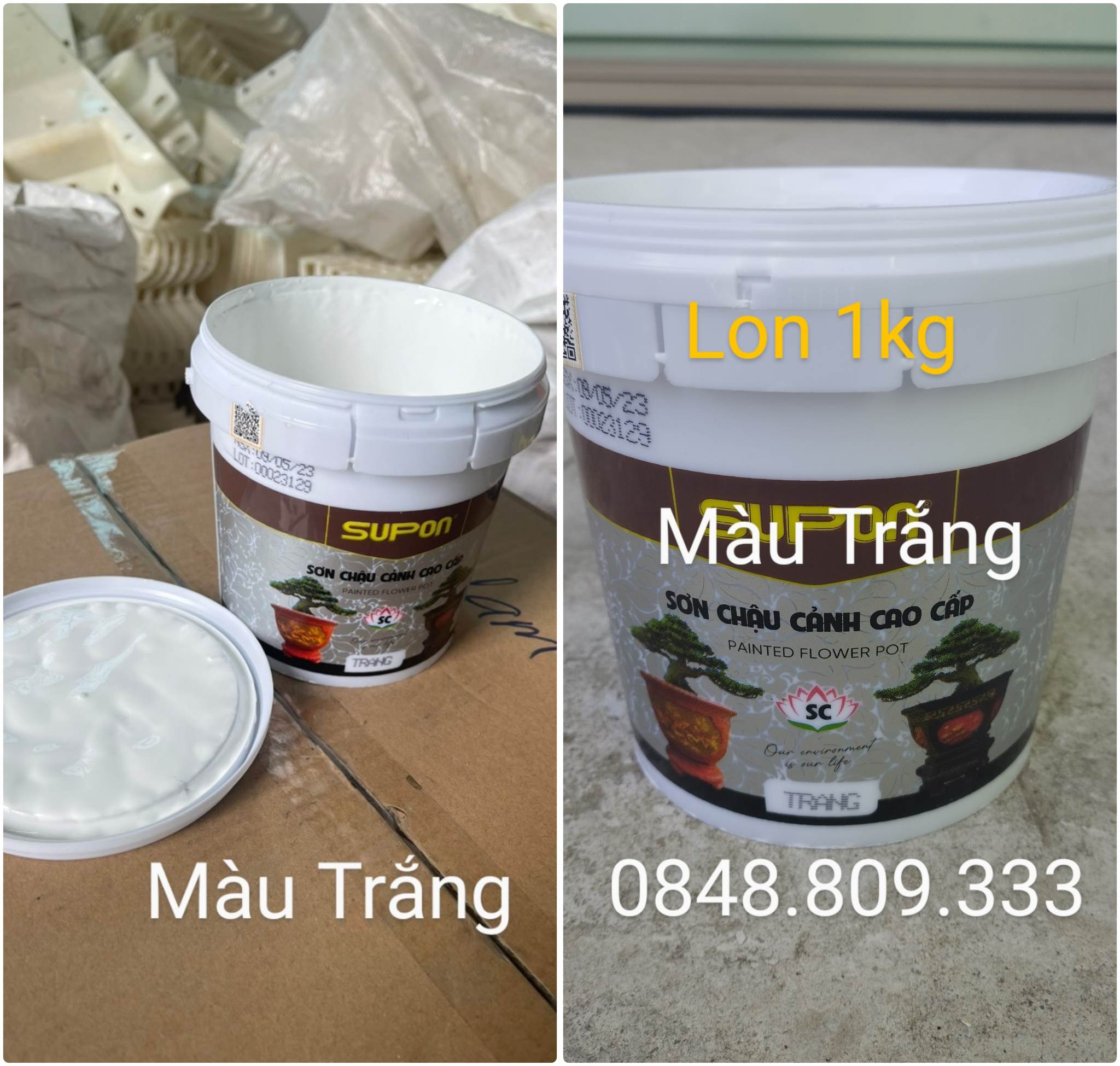 ( Lon 1 Kg ) Sơn Chậu Cảnh Màu Siêu Trắng , SuPon, ( Kháng Kiềm , Sơn Gốc Nước Dòng Sơn Bán Bóng )