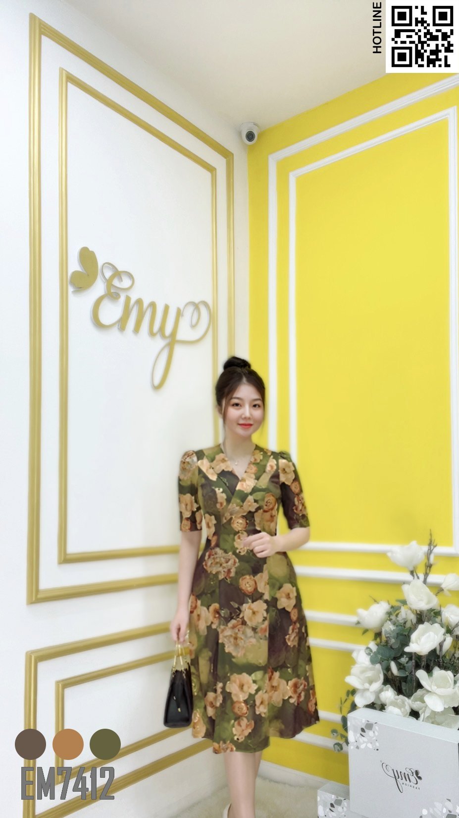 Đầm EMY EM7412 Xoè Cổ V Lụa Vân Pháp Xanh