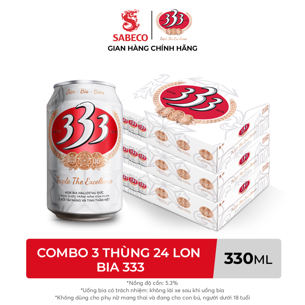 Nồng Độ Cồn 5.3% - Combo 3 Thùng 24 Lon Bia 333 330ml