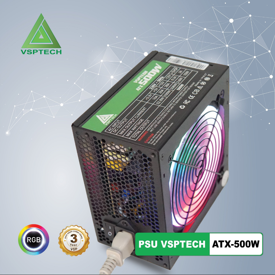 Nguồn Công Suất Thực VSPTECH 500W LED Chính hãng (2x4+4pin, 6+2pin, Dây dài, Kèm dây nguồn)