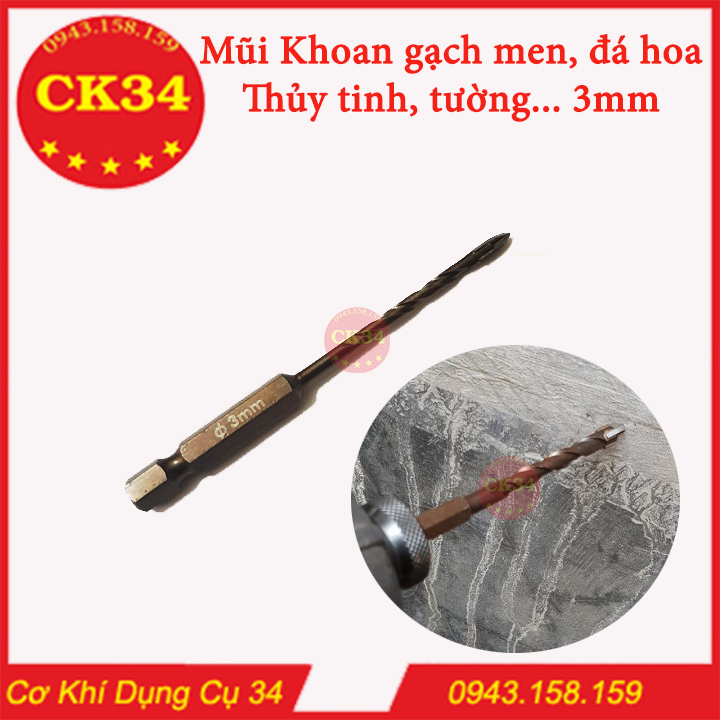 Mũi khoan kính, thủy tinh, gạch men...ĐA NĂNG chuôi lục giác phi 3  xoắn đen