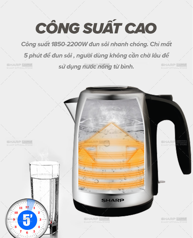 Bình Đun Siêu Tốc 1.5 Lít Sharp EKJ-15EVS-ST [Vạch báo mực nước: hai bên, Cảm biến nhiệt: FADA] - Bảo Hành Chính Hãng 12 tháng