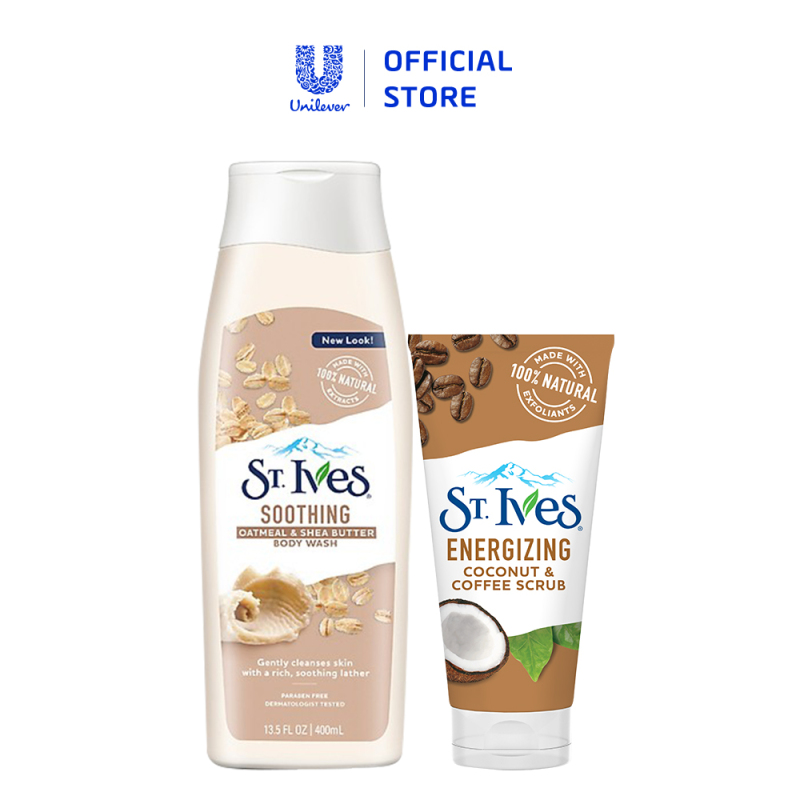 Comb sữa rửa mặt tẩy tế bào da chết St.Ives cafe và dừa 170g + Sữa tắm St.Ives Yến Mạch và Bơ 400ml cao cấp