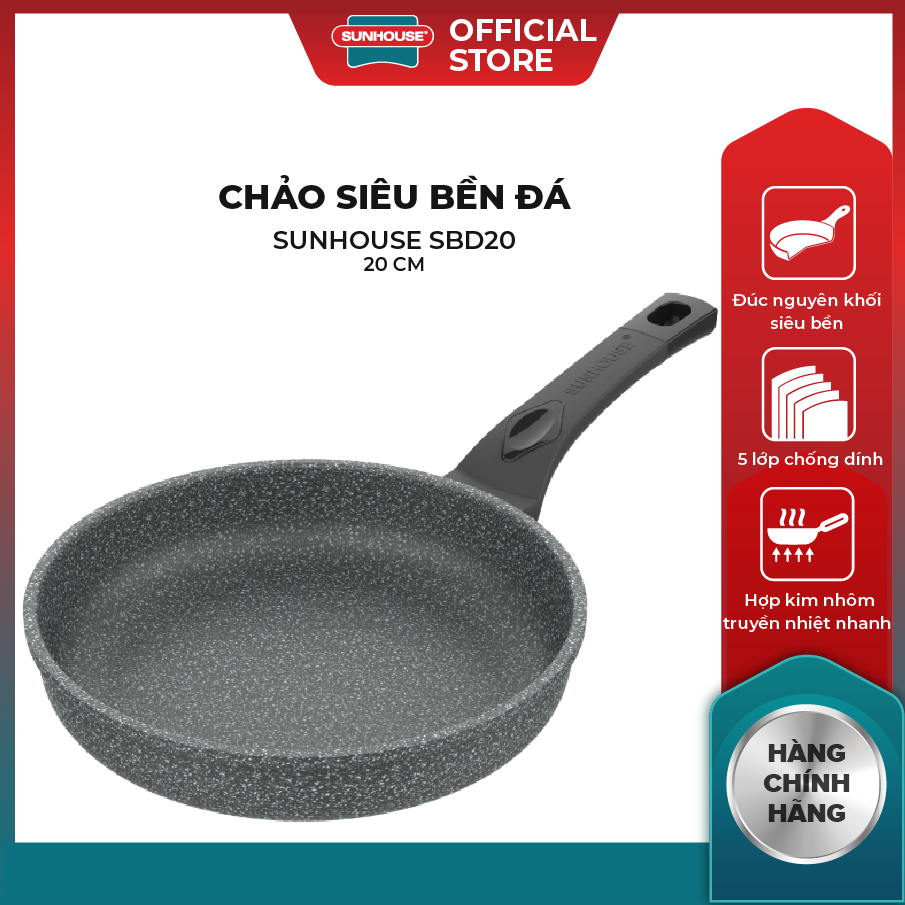 Chảo siêu bền đá Sunhouse SBD20 - Đường kính 20cm - Không dùng được với bếp từ
