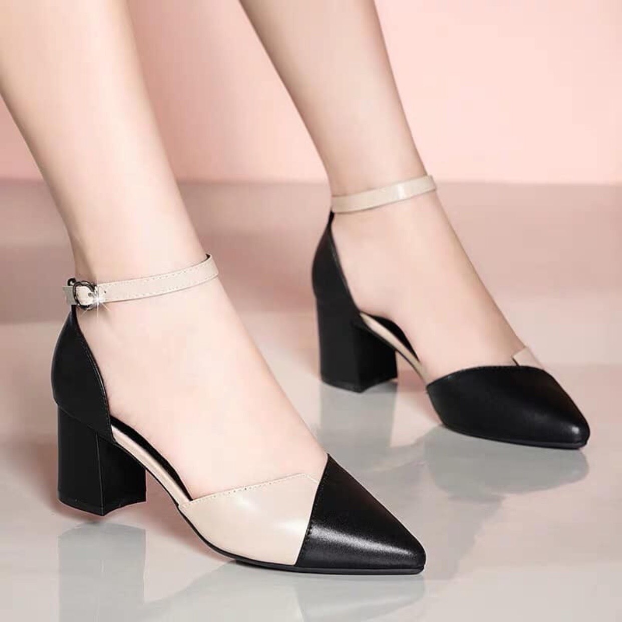 Giày cao gót 6p bít mũi xếp 2 màu gót vuông N9